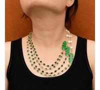 ICXLPMC Jewelry 4 Rows Cultured White Keshi Pearl Green Crystal Bezel Set Chain Green Cat Eye Connector Necklace Bracelet Sets (Necklace)