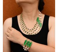 ICXLPMC Jewelry 4 Rows Cultured White Keshi Pearl Green Crystal Bezel Set Chain Green Cat Eye Connector Necklace Bracelet Sets (Sets)