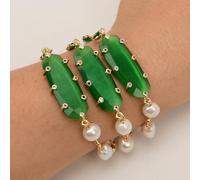 ICXLPMC Jewelry 4 Rows Cultured White Keshi Pearl Green Crystal Bezel Set Chain Green Cat Eye Connector Necklace Bracelet Sets (Bracelet)