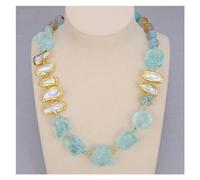 ICXLPMC Joyería azul cristal cuarzo áspero Biwa perla de agua dulce redondo ágatas gargantilla collar 21 "Vintage for mujeres