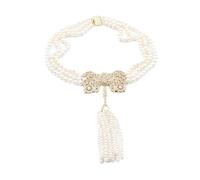 ICXLPMC Joyería Collar de perlas blancas cultivadas en agua dulce Forma de lazo Circonia cúbica Pave Colgante de borla hecho a mano for mujeres