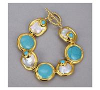 ICXLPMC Joyería cultivada barroca moneda perla oro Color plateado azul turquesa collar pulsera pendientes conjuntos for mujeres (Bracelet)