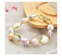 ICXLPMC Joyería Perla Keshi Rosa Púrpura Cultivada Perla Moneda Blanca Pulsera Elástica Chapada en Color Frío