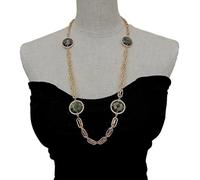 ICXLPMC Labradorite Coin Shape Cubic Zirconia Pave Bezel Set Gemstone Chain Long Necklace 29"
