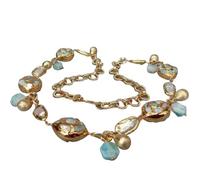 ICXLPMC Perla Biwa blanca cultivada, cuentas de chips de larimar azul, collar largo de cadena chapada en oro de 30"
