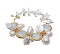 ICXLPMC Pulsera de perlas de concha de mar, perla Keshi, moneda de perla Biwa blanca de agua dulce, 8"