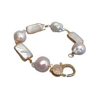 ICXLPMC Pulsera envolvente de perlas rectangulares blancas cultivadas con perlas barrocas nucleadas naturales y cierre de langosta pavé
