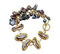 ICXLPMC Pulsera envolvente rellena de oro con perlas de agua dulce Biwa, Perla Keshi perforada en la parte superior, estilo vintage, color negro, 8"