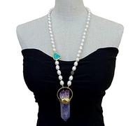ICXLPMC Purple Fluorite Amethyst Point Quartz Pendant 28" Freshwater Cultured White Rice Pearl Coral Necklace