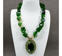 ICXLPMC Real Green Glass Rough Nugget Glass Gold Edge Necklace Crystal Cat Eye Oval Shape Pendant Collar Choker