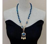 ICXLPMC Rectangle Blue with gold Filled Pendant faceted round Blue Agate Necklace for women 23"