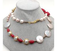 ICXLPMC Red Coral tube Hematite Freshwater White Baroque Pearl Sweater chain Necklace 33'' For Women Gift