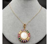 ICXLPMC Religious Style White Shell Virgin Mary Rainbow Pave coin Pendant necklace For Women Gift Choker necklace