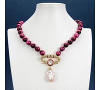 ICXLPMC Smooth Round Fuchsia Tiger Eye Necklace Cubic Zirconia Pave Keshi Pearl Pendant For Women