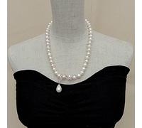 ICXLPMC Weddding Cultured 10-11m White Potato Freshwater Pearl Necklace Pave Shell Pearl Pendant 20"