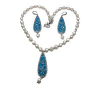 ICXLPMC White Baroque Pearl Bezel Set Blue Cat Eye Pave Silver Pendant Necklace Earrings Set