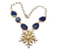 ICXLPMC White Pearl animal charm Pendant 21" for women Blue Lapis Kyanite Gold color Plated Edge Chain Necklace
