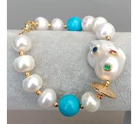 ICXLPMC White Pearl Blue Nucleated Flameball Baroque Pearl pave Beaded Bracelet Extender 8'