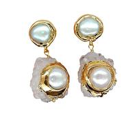 ICXLPMC White Quartz Rough Cultured White freshwater Pearl Cluster gold Filled Earrings for women