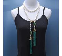 ICXLPMC White Rice Pearl Green Faceted Agate Tassel Pave Pendant Long Necklace Sweater Chain Necklace For Party Women Gift