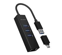 ICY BOX IB-HUB1419-LAN - Concentrador USB de Aluminio con 3 Puertos USB 3.0 y Adaptador de Red Gigabit Ethernet RJ45, Cable Integrado Tipo A con Adaptador USB C para Windows y Mac OS X