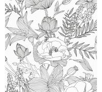 ICYEHAO Papel Pintado Flores Blanco y Negro, 44 x 300 cm Papel Pintado Blanco y Negro Flores Hojas Plantas Bohemio Vinilo Adhesivo para Muebles,Armarios,Libreria,Sala de Estar, Dormitorio,Baño