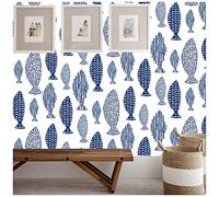 ICYEHAO Papel Pintado Peces, 44.5 x 500 cm Papel Pintado Trellis de peces del mundo submarino abstracto Indigo Blue Vinilo Adhesivo para Muebles,Libreria,Sala de Estar, Dormitorio,Baño,Cocina