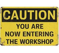 ICYJRFHLTF Funny Caution Workshop Metal Tin Sign Vintage Wall Plaque Garage Maker Space Industrial Home Decor Gift 8 X 12 in
