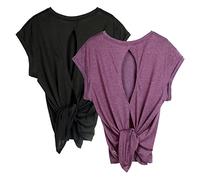 icyzone Camiseta de Fitness de Manga Corta de Espalda de Suelta Cuello Redondo Transpirable Abierta para Mujer, Pack de 2 -S-Negro/UVA Morada