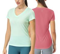 icyzone Camiseta de manga corta para mujer, cuello en V, camiseta de yoga, informal, deportiva, paquete de 2 unidades, Agua/Velvet Dust, S