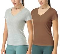 icyzone Camiseta de manga corta para mujer, cuello en V, camiseta de yoga, informal, deportiva, paquete de 2 unidades, gris/marrón café, M