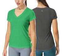 icyzone Camiseta de manga corta para mujer, cuello en V, camiseta de yoga, informal, deportiva, paquete de 2 unidades, gris oscuro, verde, XL