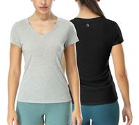icyzone Camiseta de manga corta para mujer, cuello en V, camiseta de yoga, informal, deportiva, paquete de 2 unidades, negro/gris, M