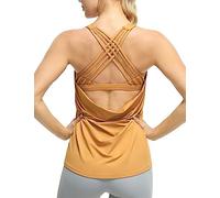 icyzone Camiseta de yoga para mujer con sujetador integrado, camiseta deportiva sin mangas, marrón claro, S