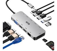 ICZI Hub USB C Dual HDMI, 11-EN-1 Aluminio Adaptador con 2X 4K HDMI, 1080P VGA, RJ45 Ethernet, 100W PD, 4 Puertos USB y SD/TF Lector de Tarjetas Docking Station para Macbook, Chromebook, etc