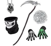 iDattel Accesorios de Halloween, 5 unidades de disfraz de Sensenmann con máscaras de Halloween, cadena de 3 m, guantes de calavera, collar para adultos, niños, Halloween, carnaval, cosplay