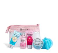 IDC Institute Gourmand's Favourites Essentials Bag Estuche n/a Gel de ducha 100 ml + loción corporal 60 ml + exfoliante corporal 60 ml + sales de baño 60 gr + esponja + neceser