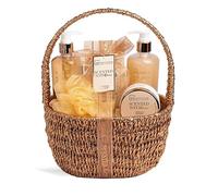IDC Institute Scented Bath Bronze Set de regalo de 6 unidades - Gel de ducha, gel de ducha, crema corporal, sales de baño, vela perfumada y esponja - Vainilla y coco - Cesta de mimbre para relajación