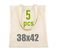 IDEA HOME Bolsa de Yute - Pack de 5 Bolsas de Algodón 100% - Bolsa de Tela para Pintar - 38x42 cm, 144 g/m² - Lona con Asas Largas - Reutilizable para Transporte