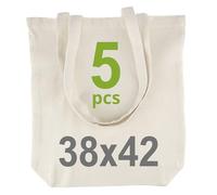 IDEA HOME Lote de 5 Bolsas de Algodón con Fondo Extensible - Bolsa de Tela sin Estampado, Personalizable, Bordado o Pintura - Bolsa de Compra con Asas Largas, Natural