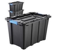 IDEA HOME TechBox HD - Lote de 3 Cajas de Almacenamiento 55 L con Tapa - Cajas apilables de plástico resistente HD - Organizador para garaje, taller, herramientas y accesorios