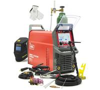 IDEAL Expert TIG 222 AC/DC WIG - Equipo de soldadura XXL (incluye casco automático A20, kit de lentes de gas, soporte magnético, botella de argón y accesorios, inversor de aluminio de 200 A, PFC