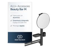 Ideal Standard Alu+ Beauty Bar, Negro mate, con espejo cosmético Ø 328 mm | Combinación de accesorios M de aluminio, estantes regulables y extraíbles, toallero desmontable