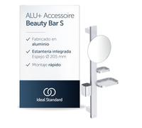 Ideal Standard Alu+ Beauty Bar, Plata, con espejo cosmético Ø 205 mm | Combinación de accesorios S de aluminio, espejo con aumento 3x, estantes regulables, vaso extraíble