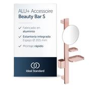 Ideal Standard Alu+ Beauty Bar, Rosé, con espejo cosmético Ø 205 mm | Combinación de accesorios S de aluminio, espejo con aumento 3x, estantes regulables, vaso extraíble