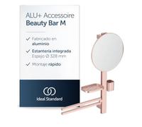 Ideal Standard Alu+ Beauty Bar, Rosé, con espejo cosmético Ø 328 mm | Combinación de accesorios M de aluminio, estantes regulables y extraíbles, toallero desmontable