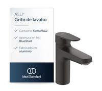 Ideal Standard Alu+ Grifo de lavabo, altura del caño 90 mm - Negro Mate | Incluye conexión de desagüe, función de arranque en frío, limitador de caudal de 3,8 l/min