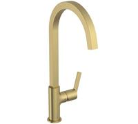 Ideal Standard - Gusto Monomando de cocina, Caño cuadrado en C, con cartucho FirmaFlow, caño giratorio 360°, fácil de instalar con fijación EasyFix+, Oro Cepillado