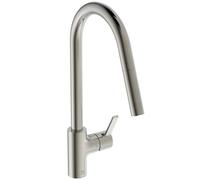 Ideal Standard - Gusto Monomando de cocina, Caño redondo en C, con rociador extraíble, caño giratorio 360°, fácil de instalar con fijación EasyFix+, Tormenta Plateada