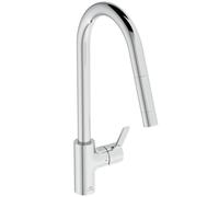 Ideal Standard - Gusto Monomando de cocina, Caño redondo en C, con rociador extraíble, caño giratorio 360°, fácil de instalar con fijación EasyFix+, Cromo